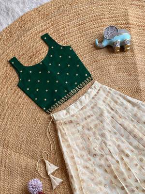Girls off-white embroidered silk blend polka dot skirt with zari weaving top 2