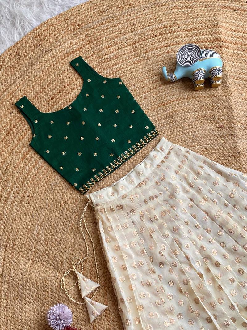 Girls off-white embroidered silk blend polka dot skirt with zari weaving top