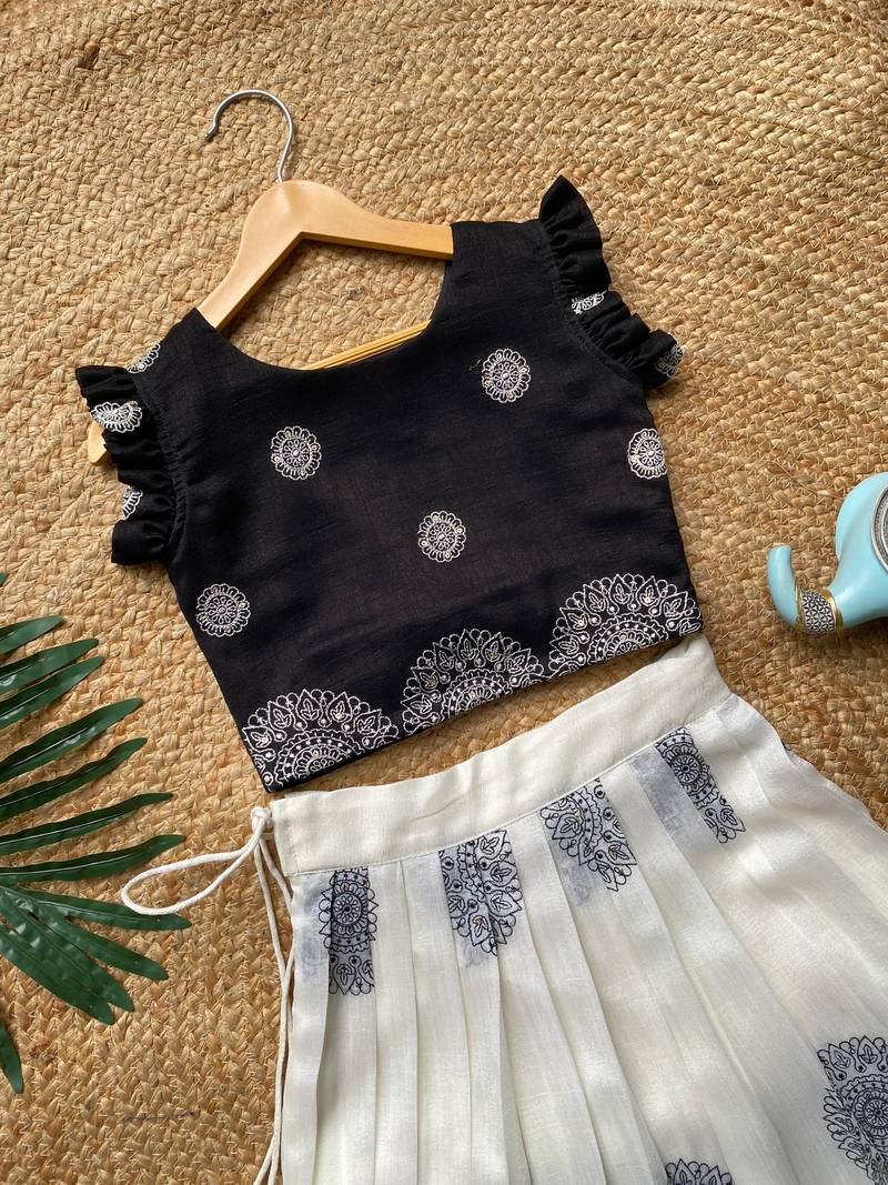 Girls white and black mandala embroidered lehenga choli set