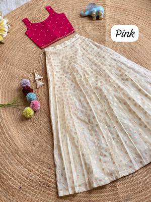 Girls off-white embroidered silk blend polka dot skirt with zari weaving top 1