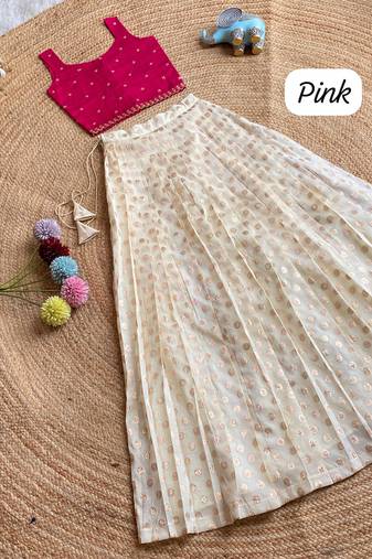 Girls off-white embroidered silk blend polka dot skirt with zari weaving top