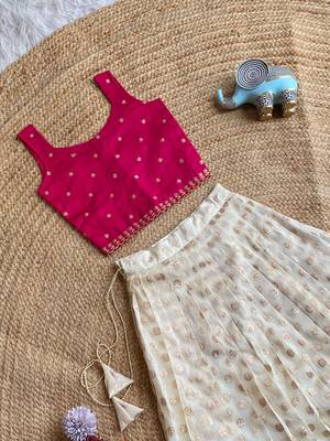 Girls off-white embroidered silk blend polka dot skirt with zari weaving top 2