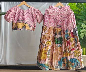 Girls pink kalamkari print lehenga choli set | silk blend embellished ethnic wear with puff sleeves & peter pan collar 1