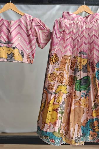 Girls pink kalamkari print lehenga choli set | silk blend embellished ethnic wear with puff sleeves & peter pan collar