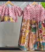 Girls pink kalamkari print lehenga choli set | silk blend embellished ethnic wear with puff sleeves & peter pan collar