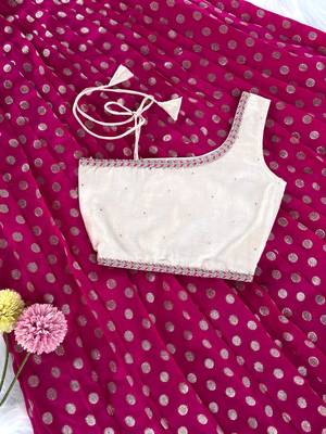 Pink one-shoulder solid crop top with polka dot flared lehenga for girls 3