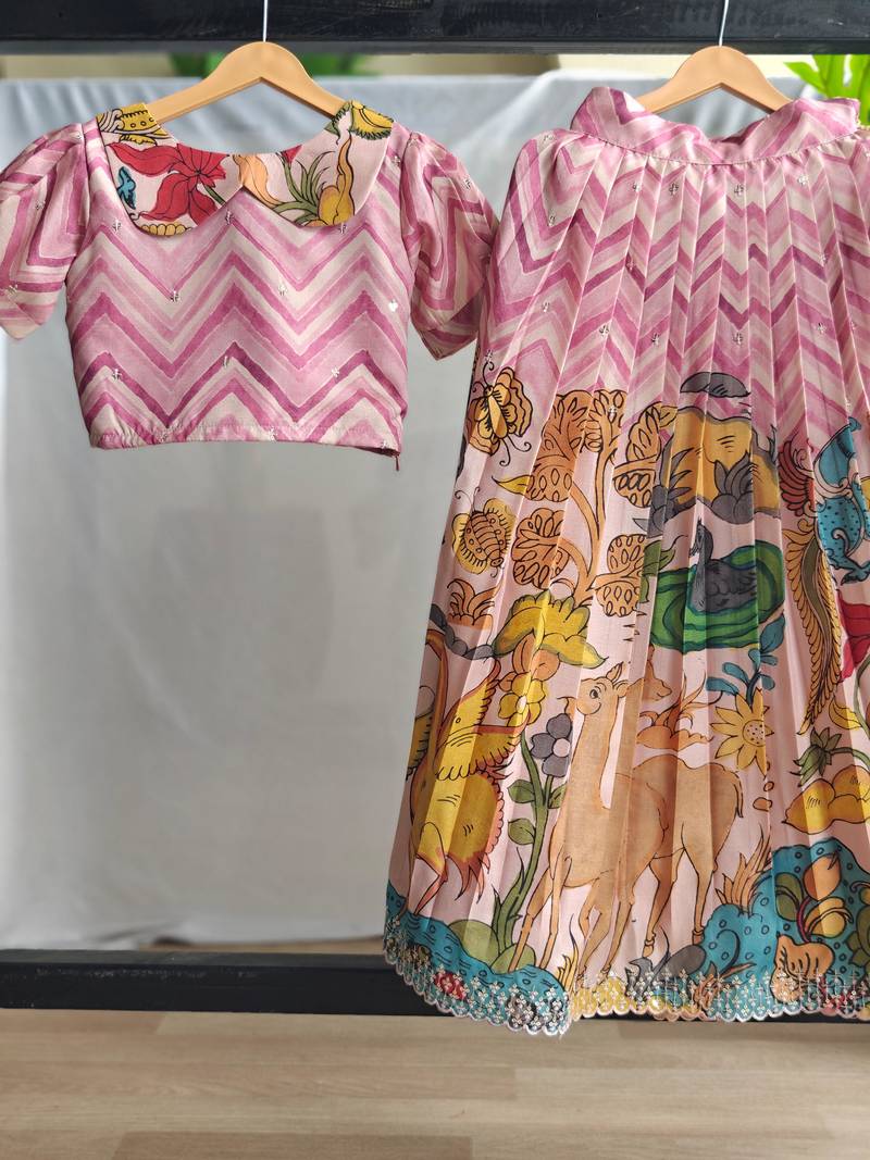 Girls pink kalamkari print lehenga choli set | silk blend embellished ethnic wear with puff sleeves & peter pan collar