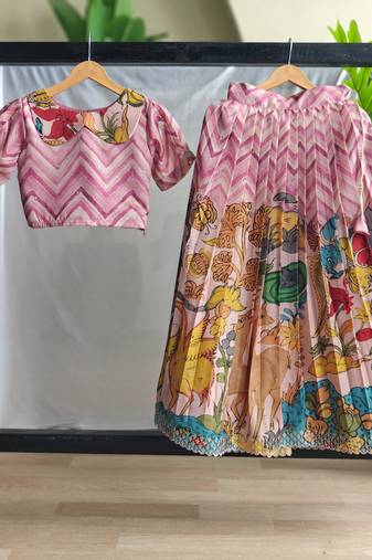 Girls pink kalamkari print lehenga choli set | silk blend embellished ethnic wear with puff sleeves & peter pan collar