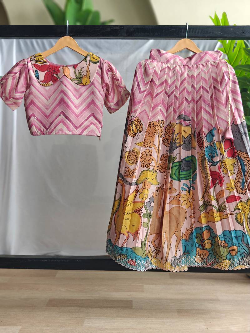 Girls pink kalamkari print lehenga choli set | silk blend embellished ethnic wear with puff sleeves & peter pan collar