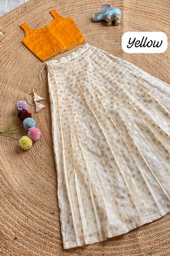 Girls off-white embroidered silk blend polka dot skirt with zari weaving top
