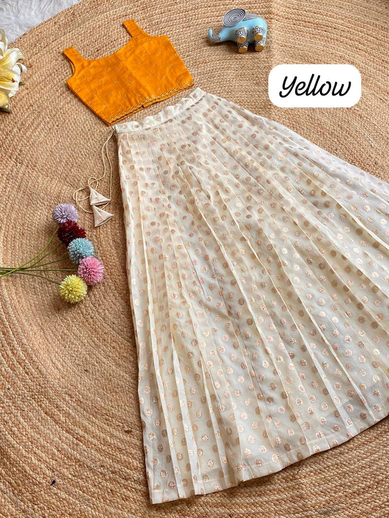 Girls off-white embroidered silk blend polka dot skirt with zari weaving top