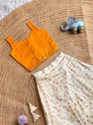 Girls off-white embroidered silk blend polka dot skirt with zari weaving top 2
