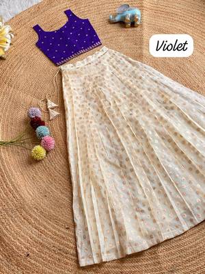 Girls off-white embroidered silk blend polka dot skirt with zari weaving top 1