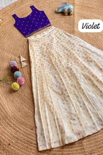 Girls off-white embroidered silk blend polka dot skirt with zari weaving top