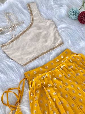 Yellow one-shoulder solid crop top with polka dot flared lehenga for girls 2