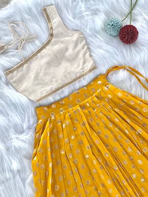 Yellow one-shoulder solid crop top with polka dot flared lehenga for girls 3
