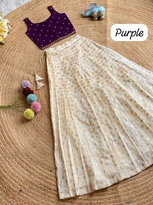 Girls off-white embroidered silk blend polka dot skirt with zari weaving top 1