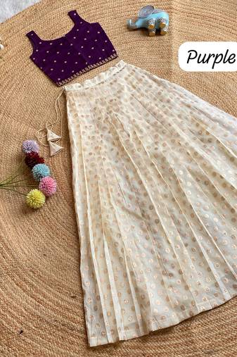 Girls off-white embroidered silk blend polka dot skirt with zari weaving top