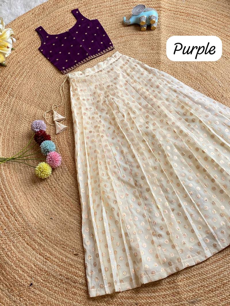 Girls off-white embroidered silk blend polka dot skirt with zari weaving top