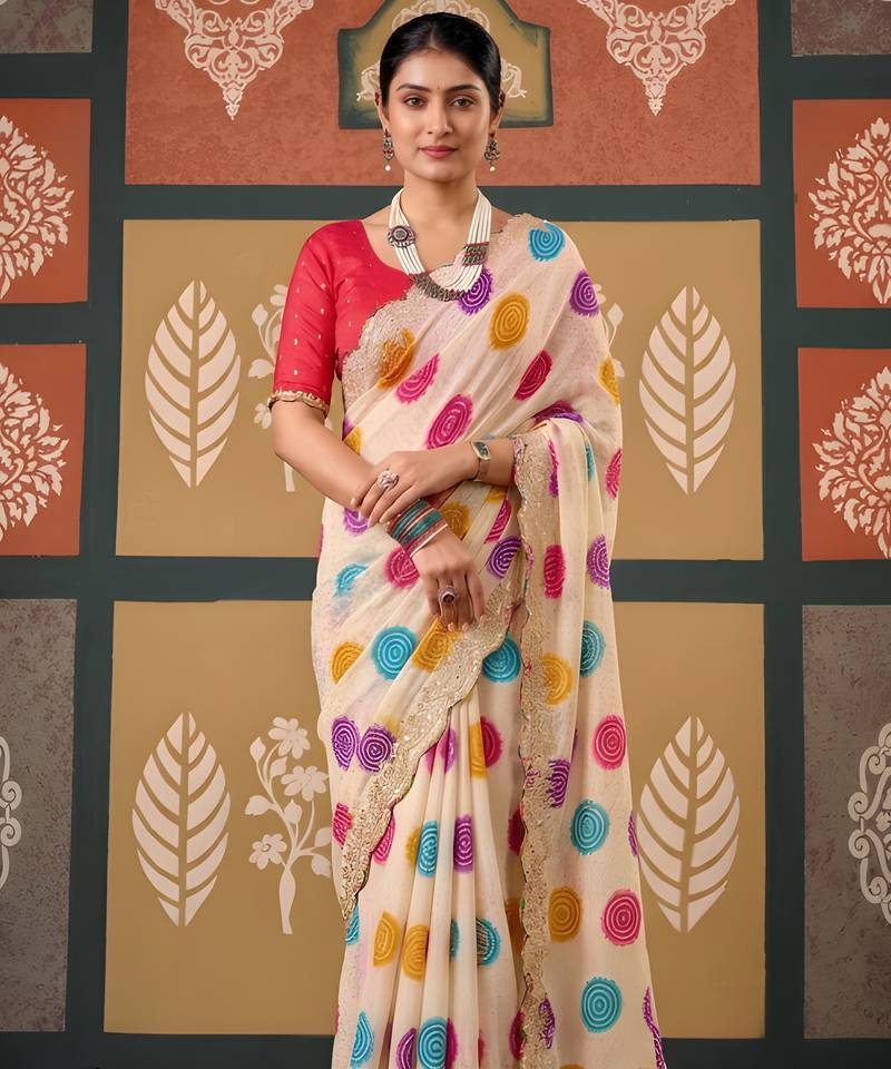 Multi floral print chiffon ethnic saree
