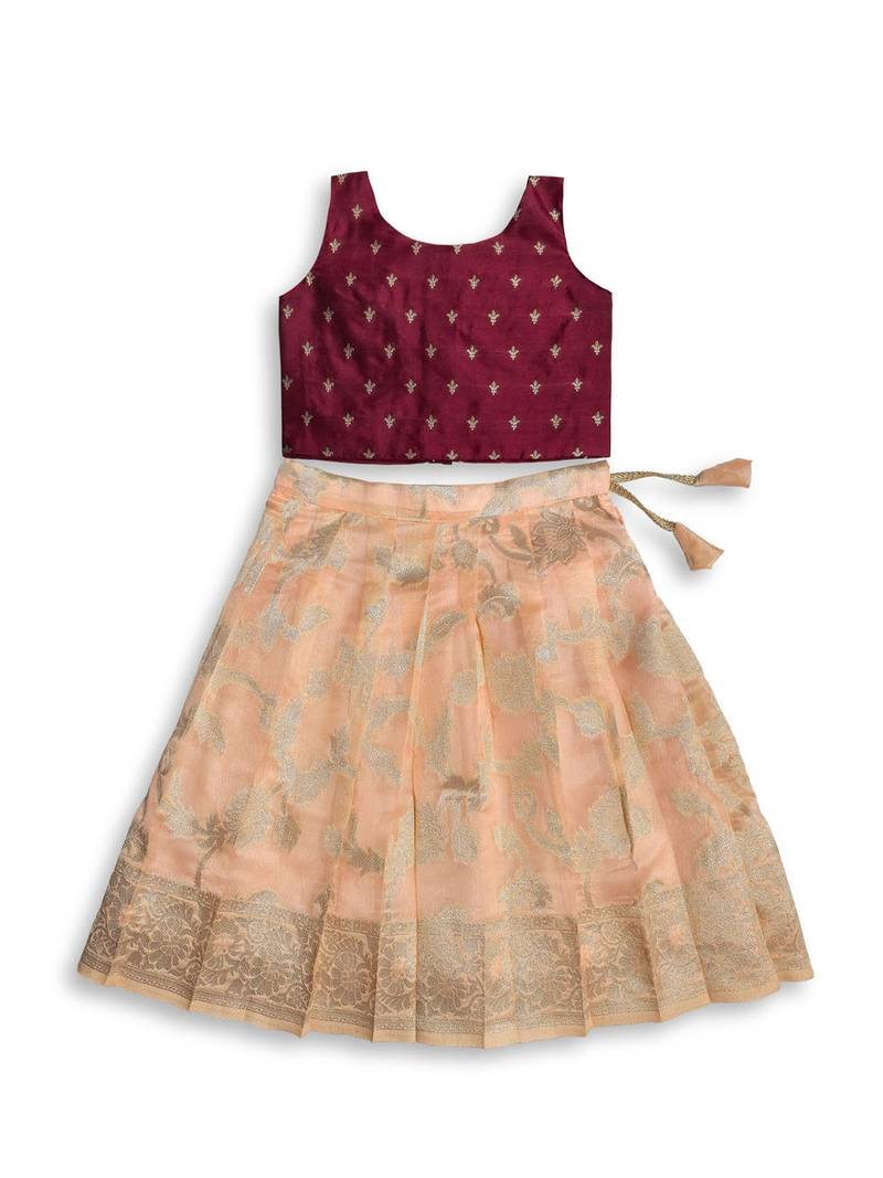 Minipattu burgundy peach lehenga choli for baby girls, 0-1 year
