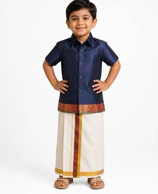 Minipattu navy blue shirt & veshti set 1