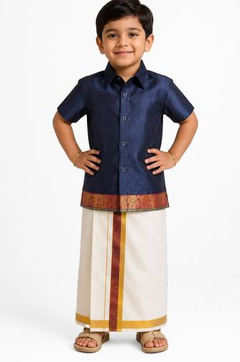 Minipattu navy blue shirt & veshti set
