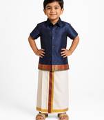 Minipattu navy blue shirt & veshti set