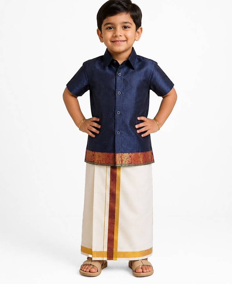 Minipattu navy blue shirt & veshti set