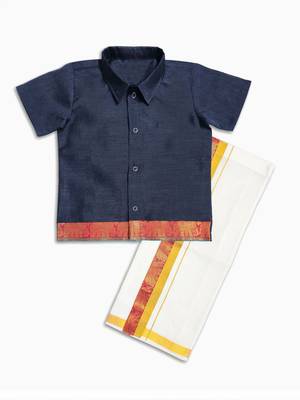 Minipattu navy blue shirt & veshti set 2