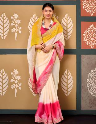 Yellow floral print chiffon ethnic saree 1