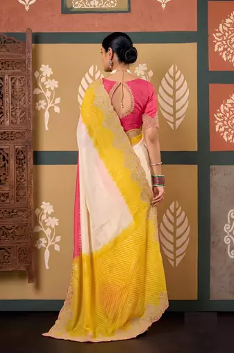 Yellow floral print chiffon ethnic saree