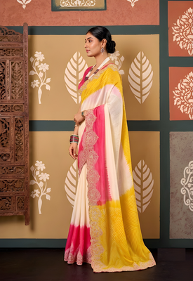 Yellow floral print chiffon ethnic saree 3