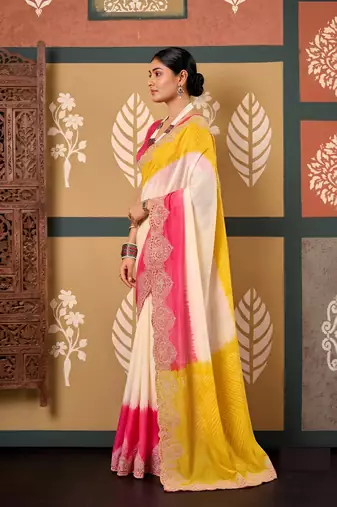 Yellow floral print chiffon ethnic saree