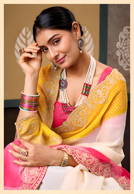 Yellow floral print chiffon ethnic saree 4