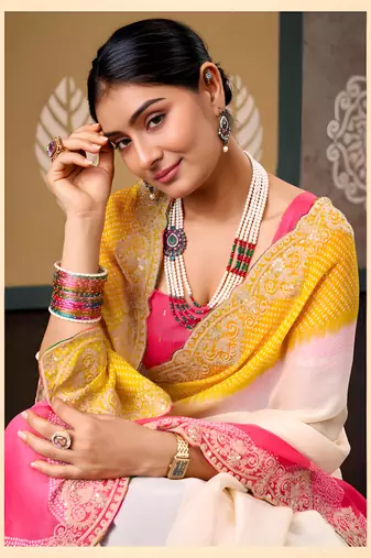 Yellow floral print chiffon ethnic saree