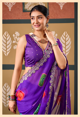 Violet floral print chiffon ethnic saree 1