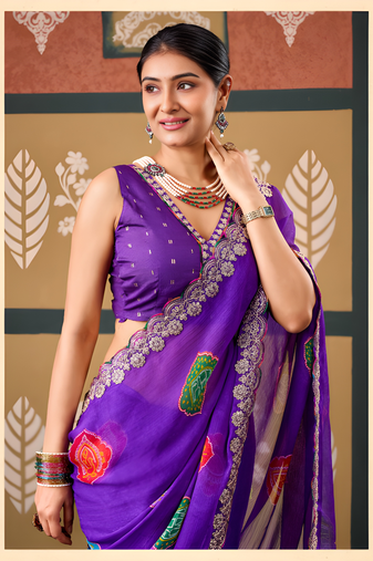 Violet floral print chiffon ethnic saree