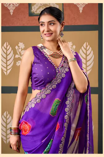Violet floral print chiffon ethnic saree