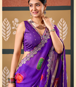 Violet floral print chiffon ethnic saree