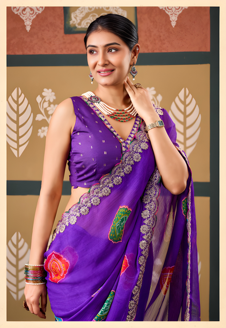 Violet floral print chiffon ethnic saree