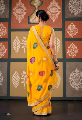Yellow floral print chiffon ethnic saree 2