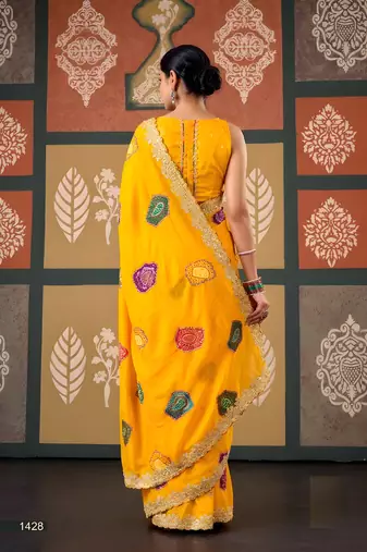 Yellow floral print chiffon ethnic saree
