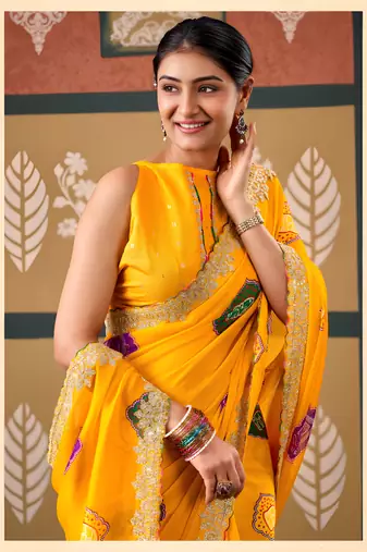 Yellow floral print chiffon ethnic saree