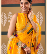 Yellow floral print chiffon ethnic saree