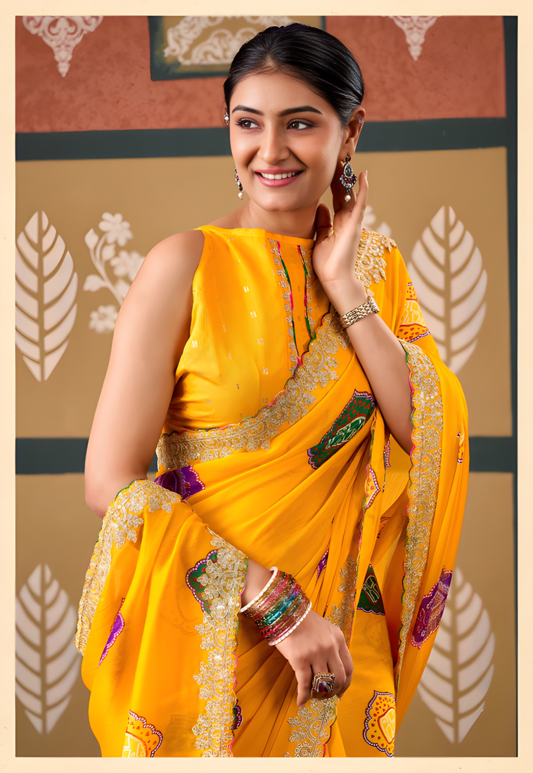 Yellow floral print chiffon ethnic saree
