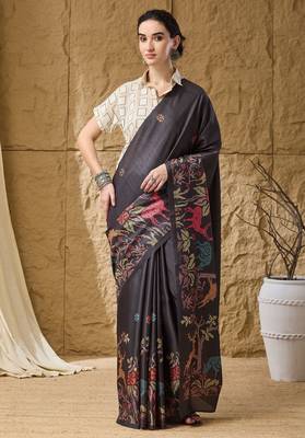 Black kalamkari silk blend ready to wear saree 1