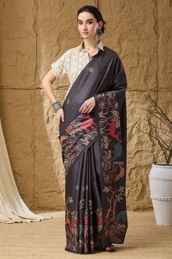 Black kalamkari silk blend ready to wear saree