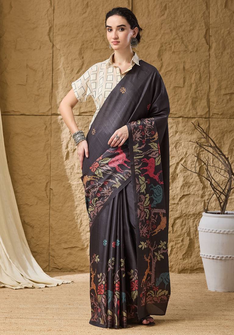 Black kalamkari silk blend ready to wear saree