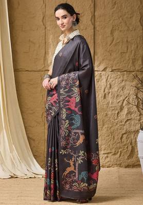 Black kalamkari silk blend ready to wear saree 3